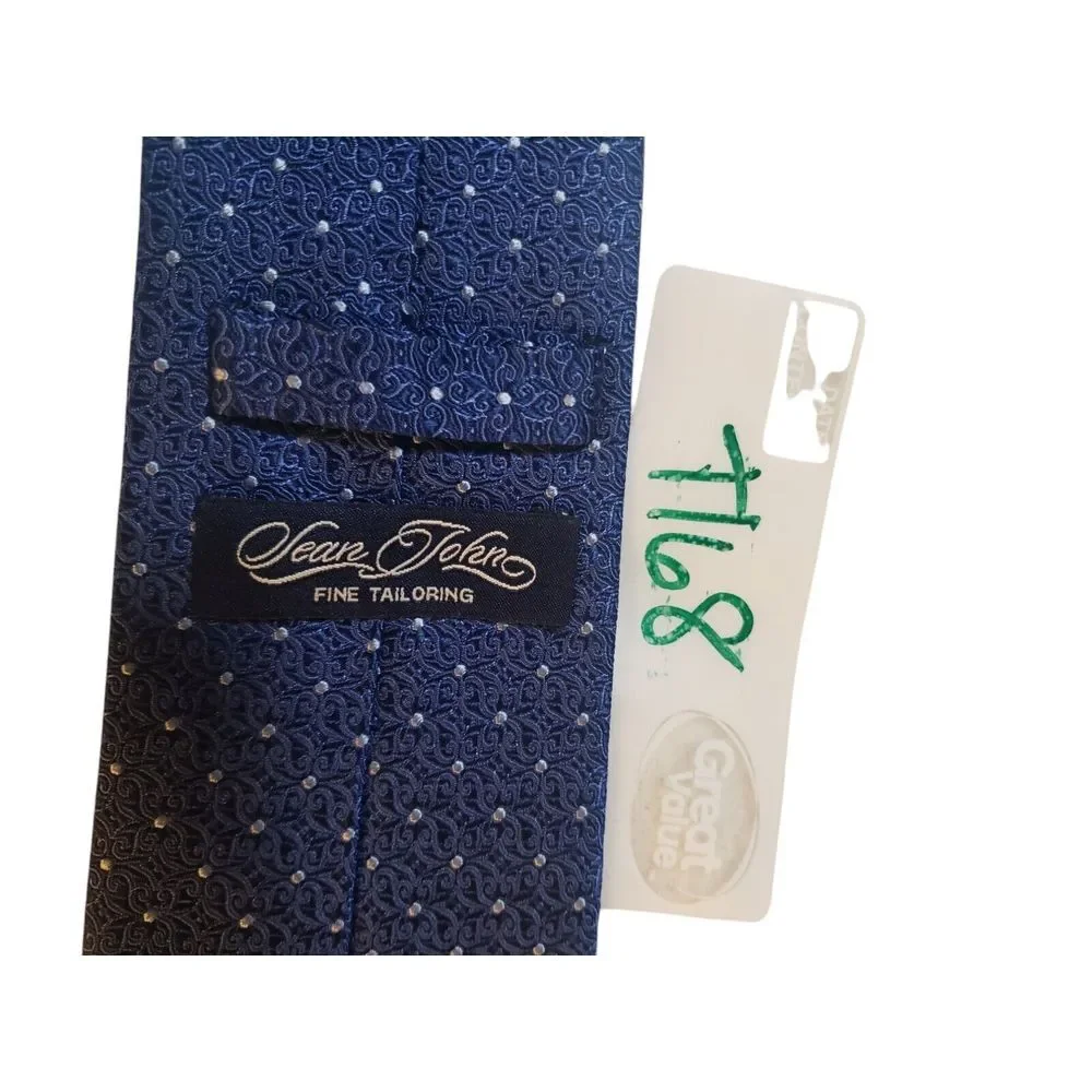 Sean John Mens‎ Tie Necktie Fine Tailoring Blue White Scroll Print Polka Dot